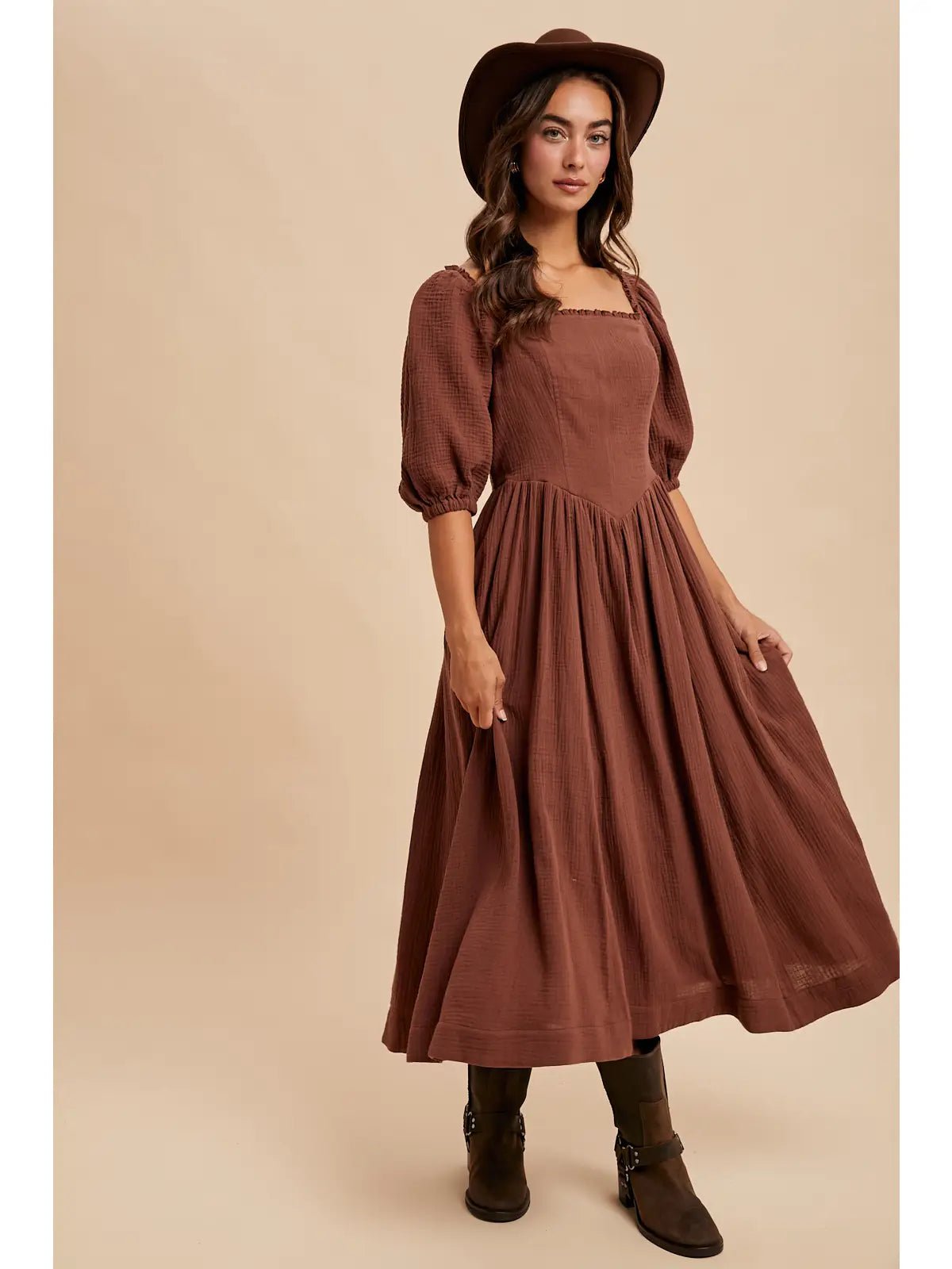 Mocha Cotton Square Neck Maxi Dress - She Chester