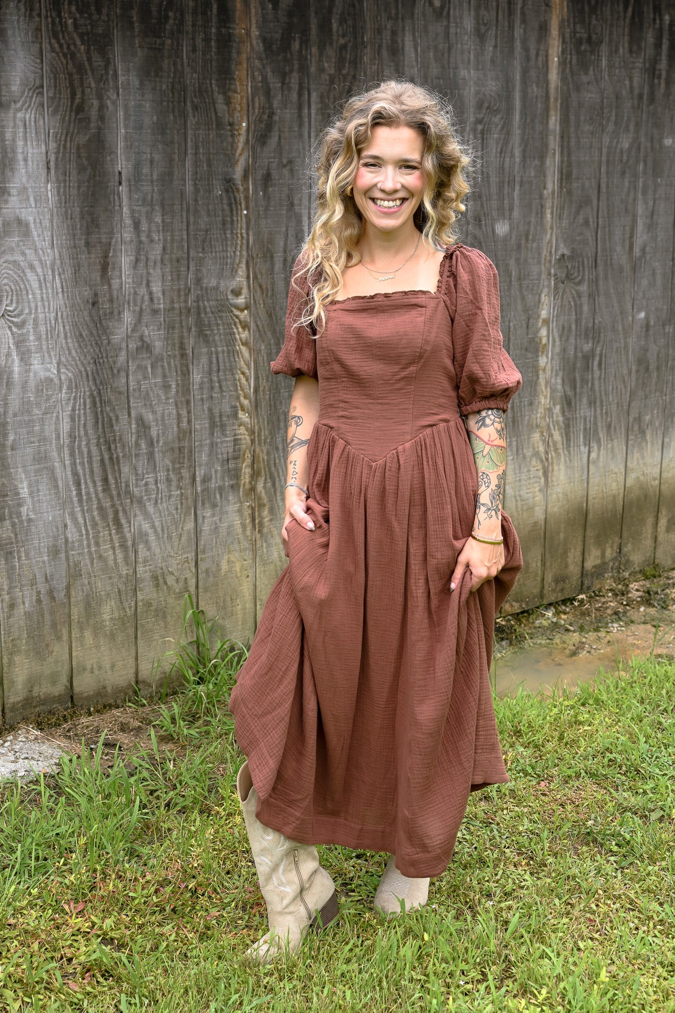 Mocha Cotton Square Neck Maxi Dress - She Chester