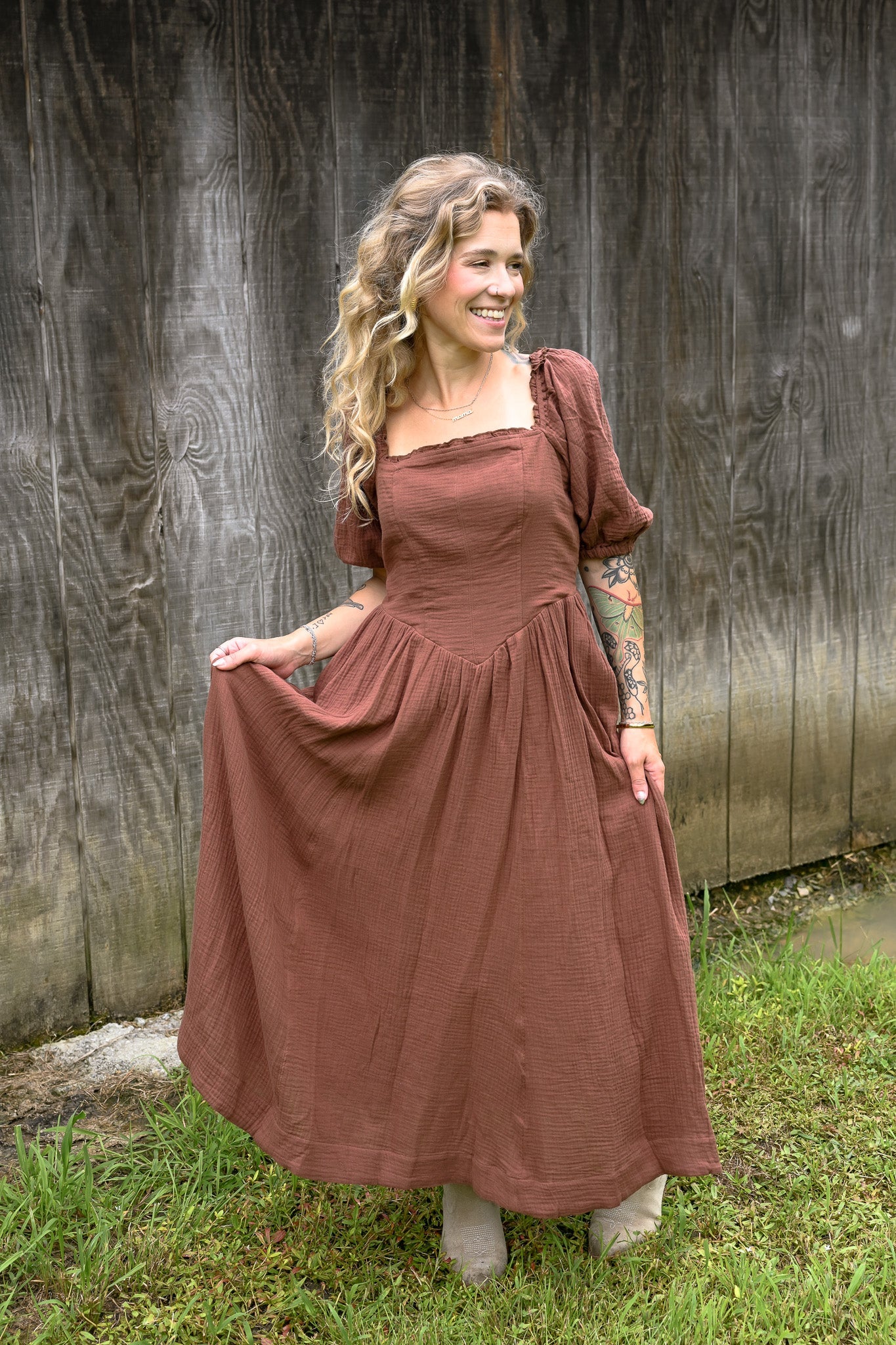 Mocha Cotton Square Neck Maxi Dress - She Chester