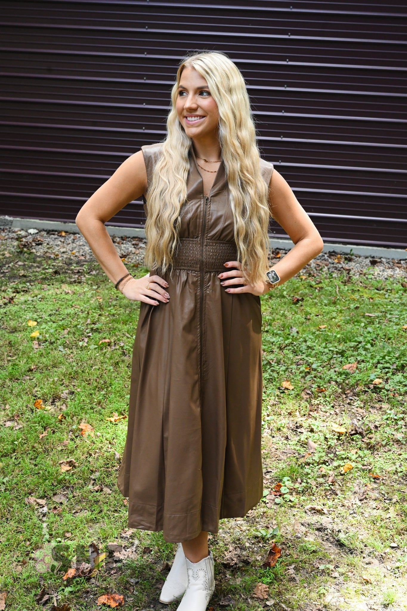 Mocha Leather Zip Dress - She Chester