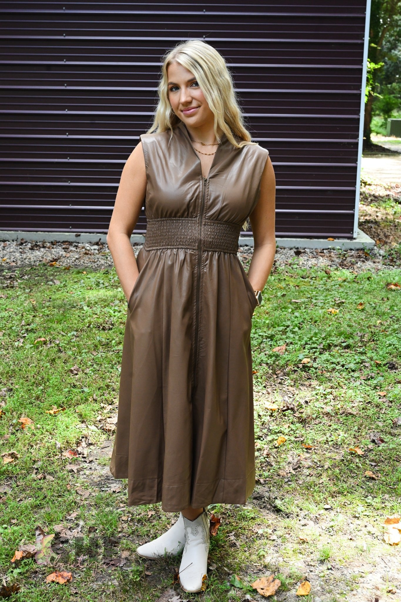 Mocha Leather Zip Dress - She Chester