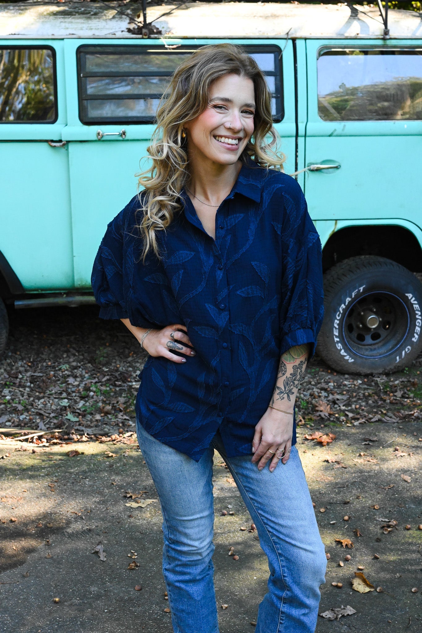 Navy Vines Button Down - She Chester