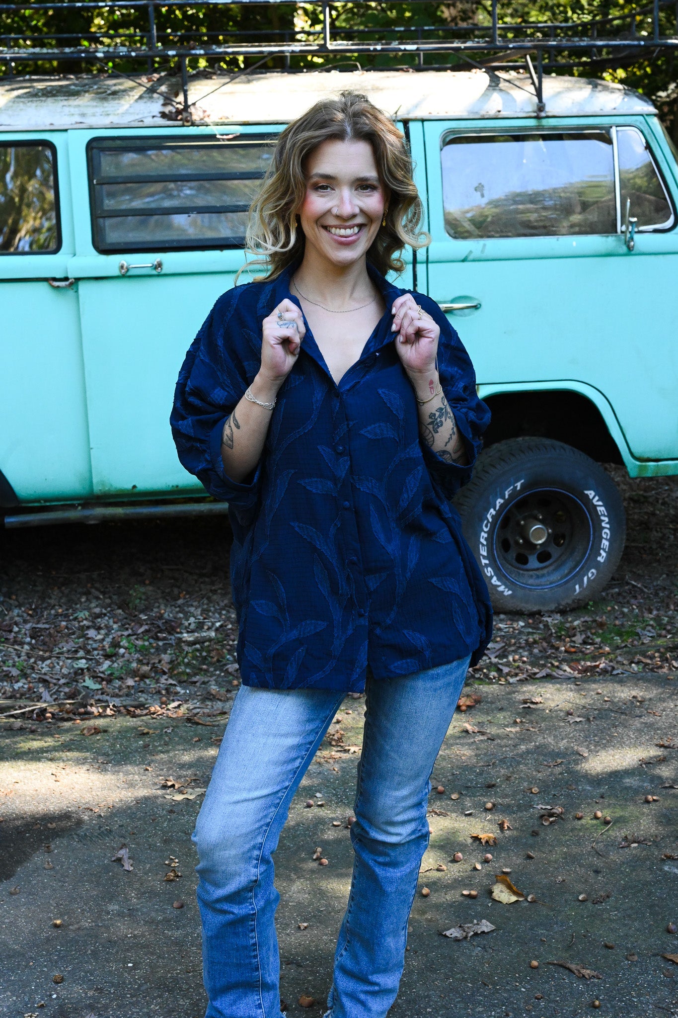 Navy Vines Button Down - She Chester