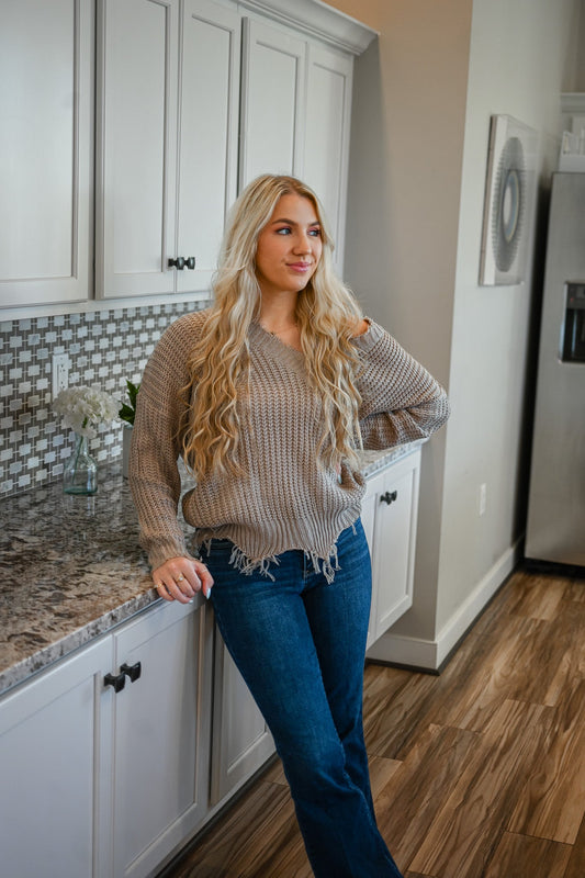 Nydia Taupe Distressed Sweater - She Chester