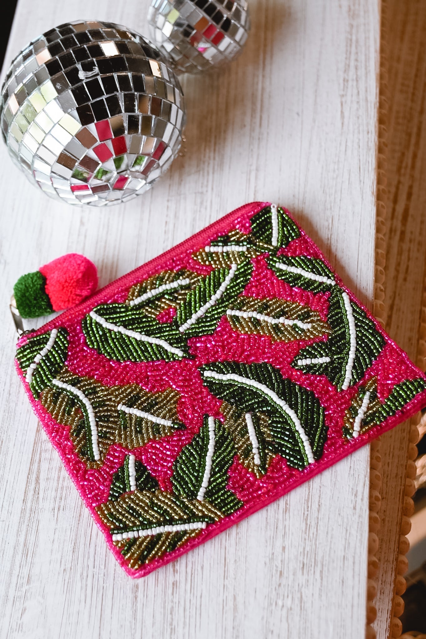 Palm Leaves Hot Pink Beaded Bag - She Chester