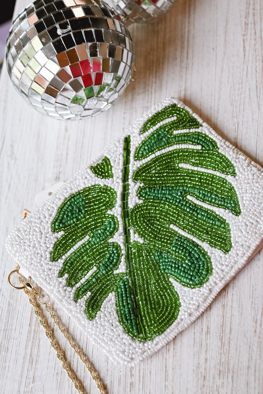 Palm Leaves White Beaded Pouch With Chain - She Chester