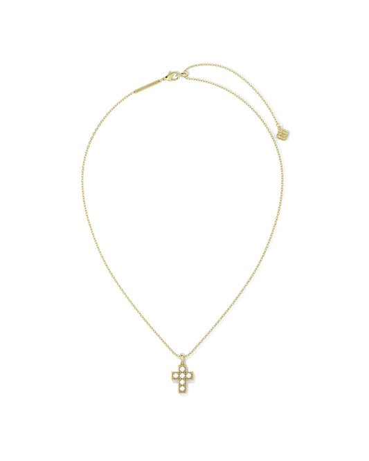 PEARL CROSS SHORT PENDANT NECKLACE GOLD WHITE PEARL - She Chester