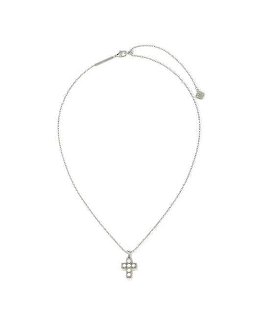 PEARL CROSS SHORT PENDANT NECKLACE SILVER WHITE PEARL - She Chester