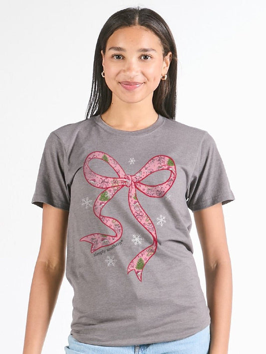 Pink Christmas Print Bow Tee - She Chester
