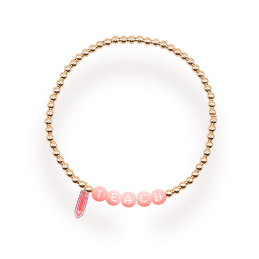 Pink Teach Pencil Charm Bracelet: Standard 6.75 inch / Gold - She Chester