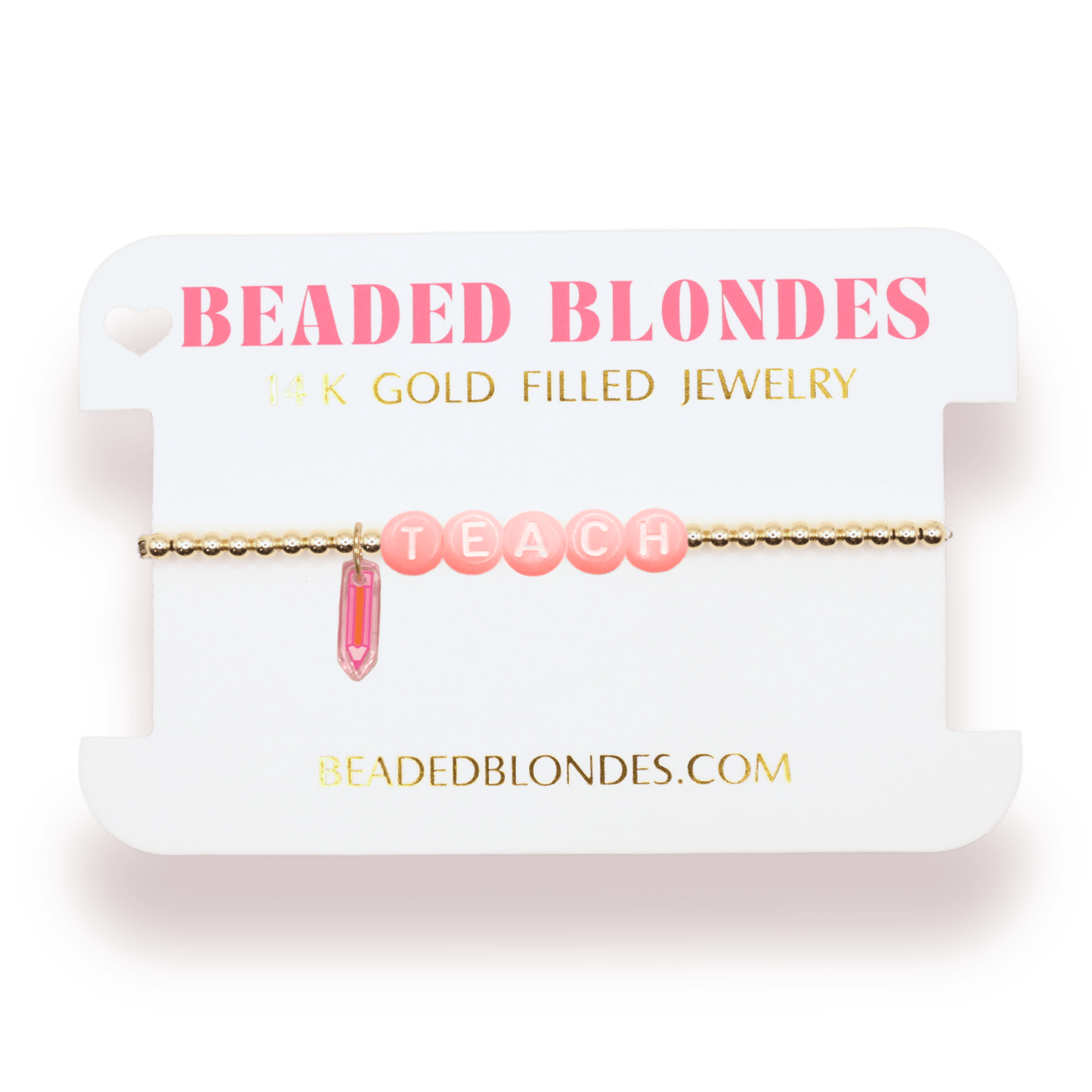 Pink Teach Pencil Charm Bracelet: Standard 6.75 inch / Gold - She Chester