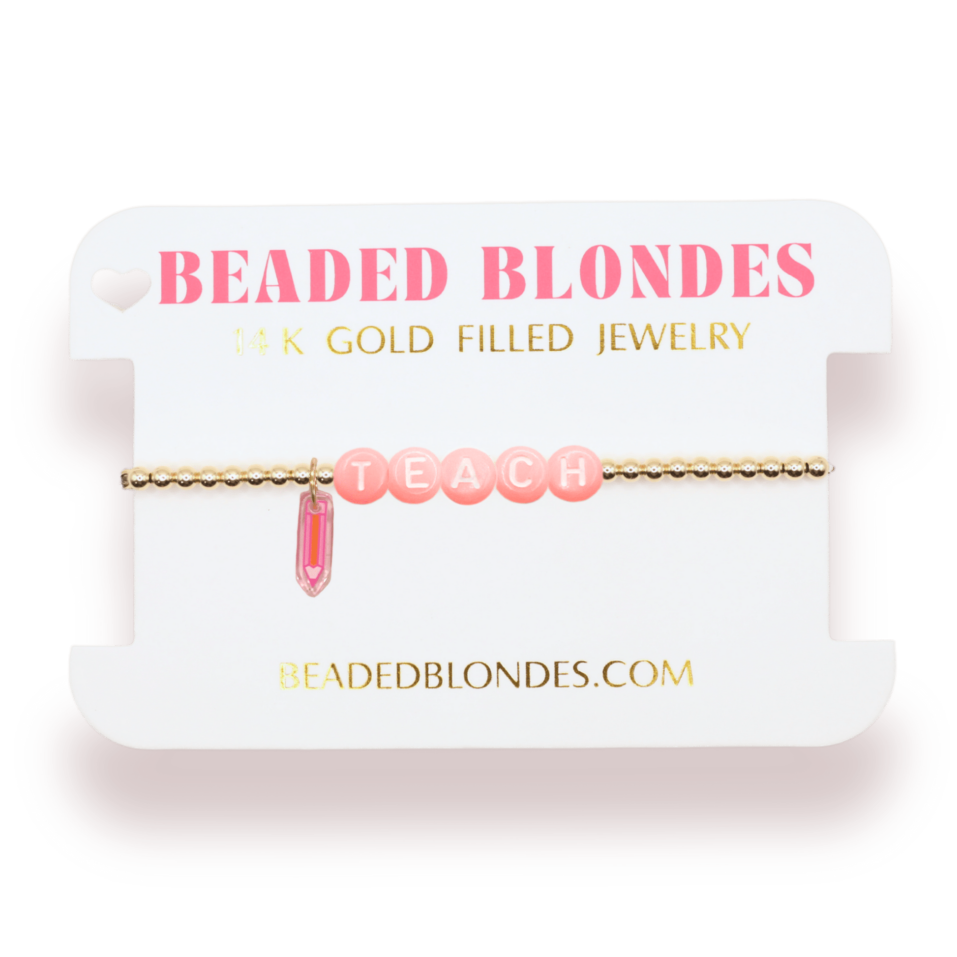 Pink Teach Pencil Charm Bracelet: Standard 6.75 inch / Gold - She Chester