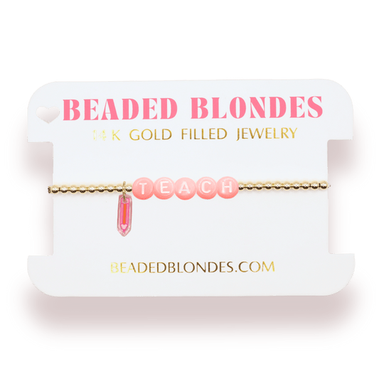 Pink Teach Pencil Charm Bracelet: Standard 6.75 inch / Gold - She Chester