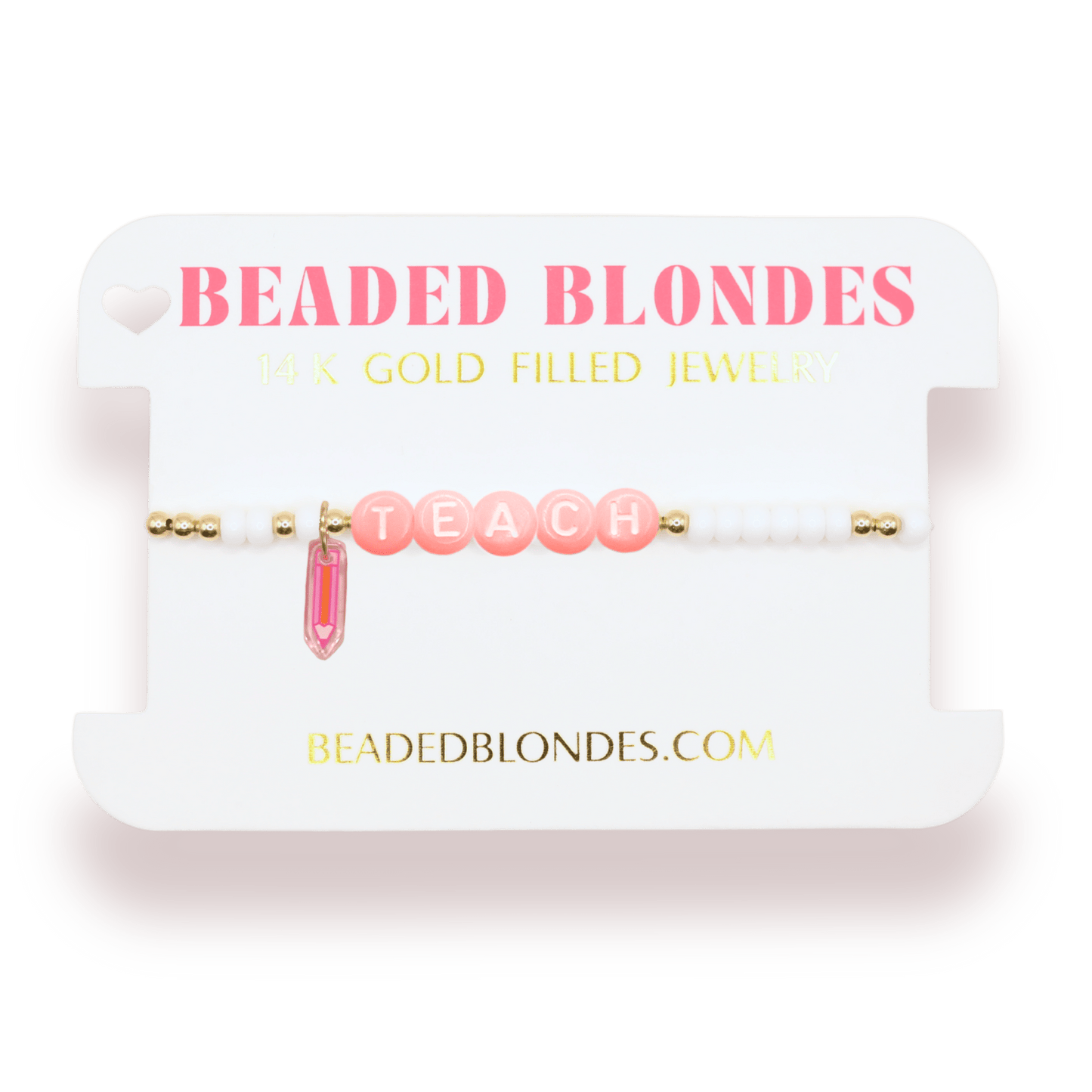 Pink Teach Pencil Charm Bracelet: Standard 6.75 inch / Gold - She Chester