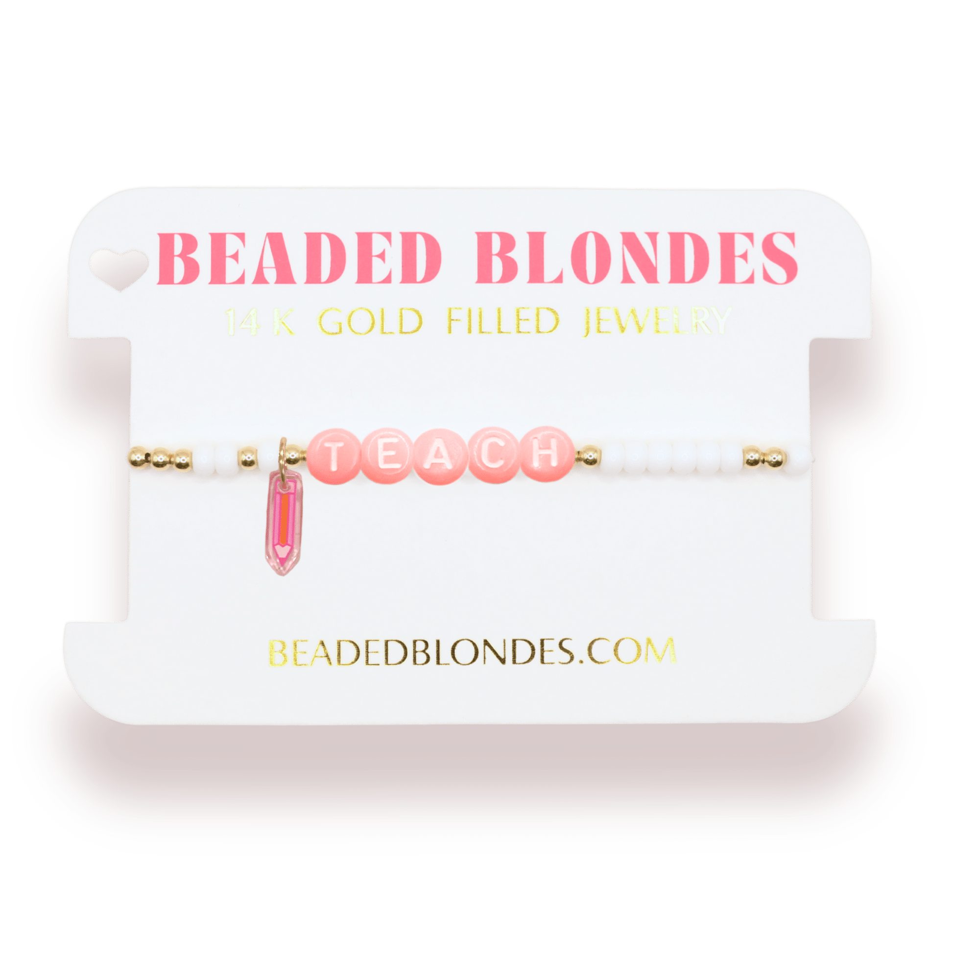 Pink Teach Pencil Charm Bracelet: Standard 6.75 inch / Gold - She Chester