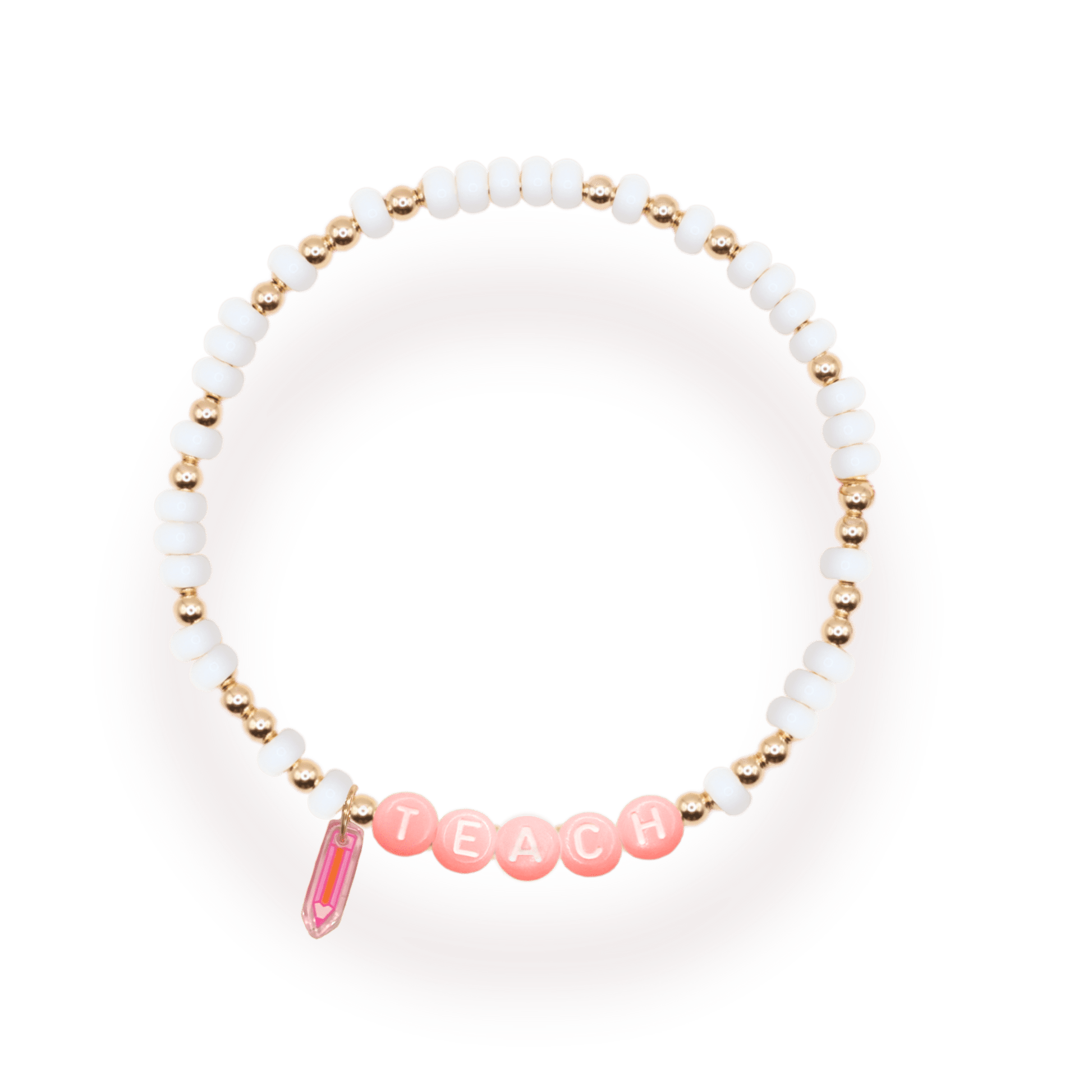 Pink Teach Pencil Charm Bracelet: Standard 6.75 inch / Gold - She Chester