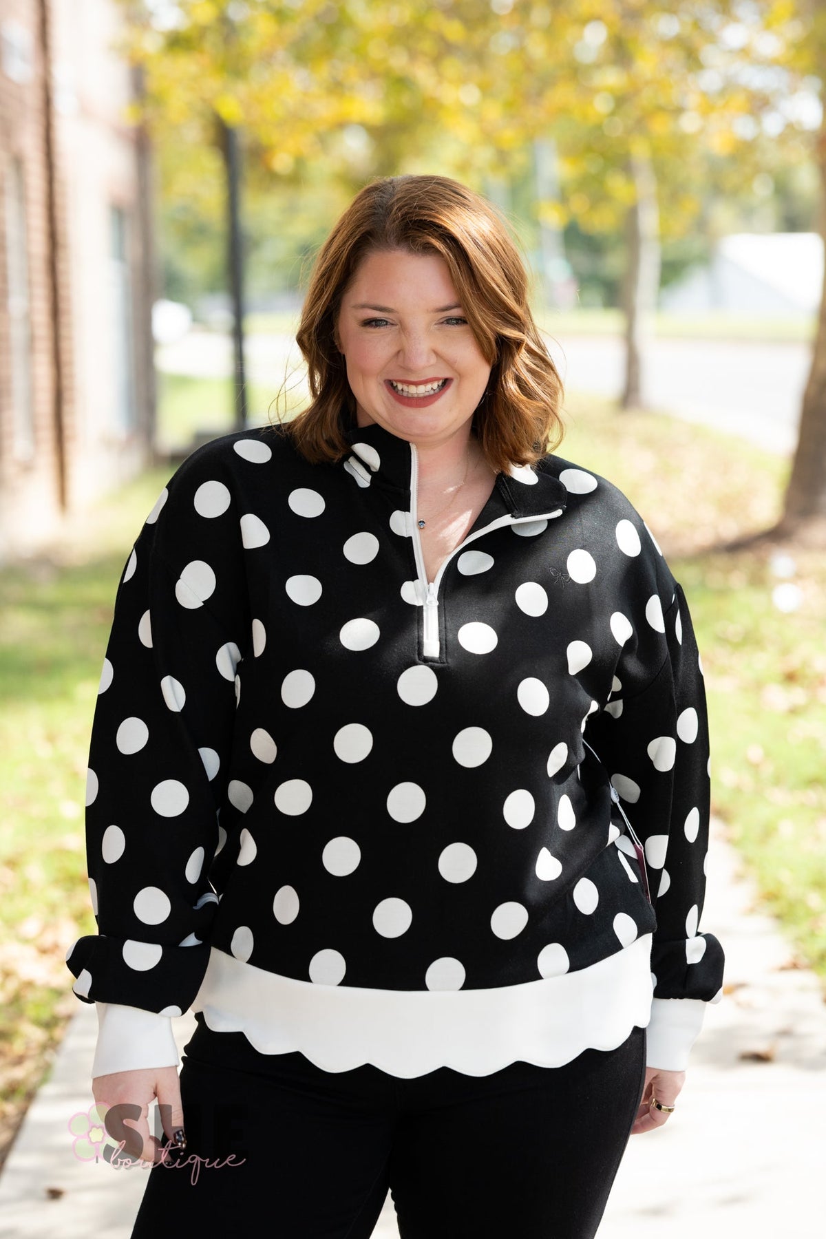 Polka Dot Crew Pullover Black - She Chester