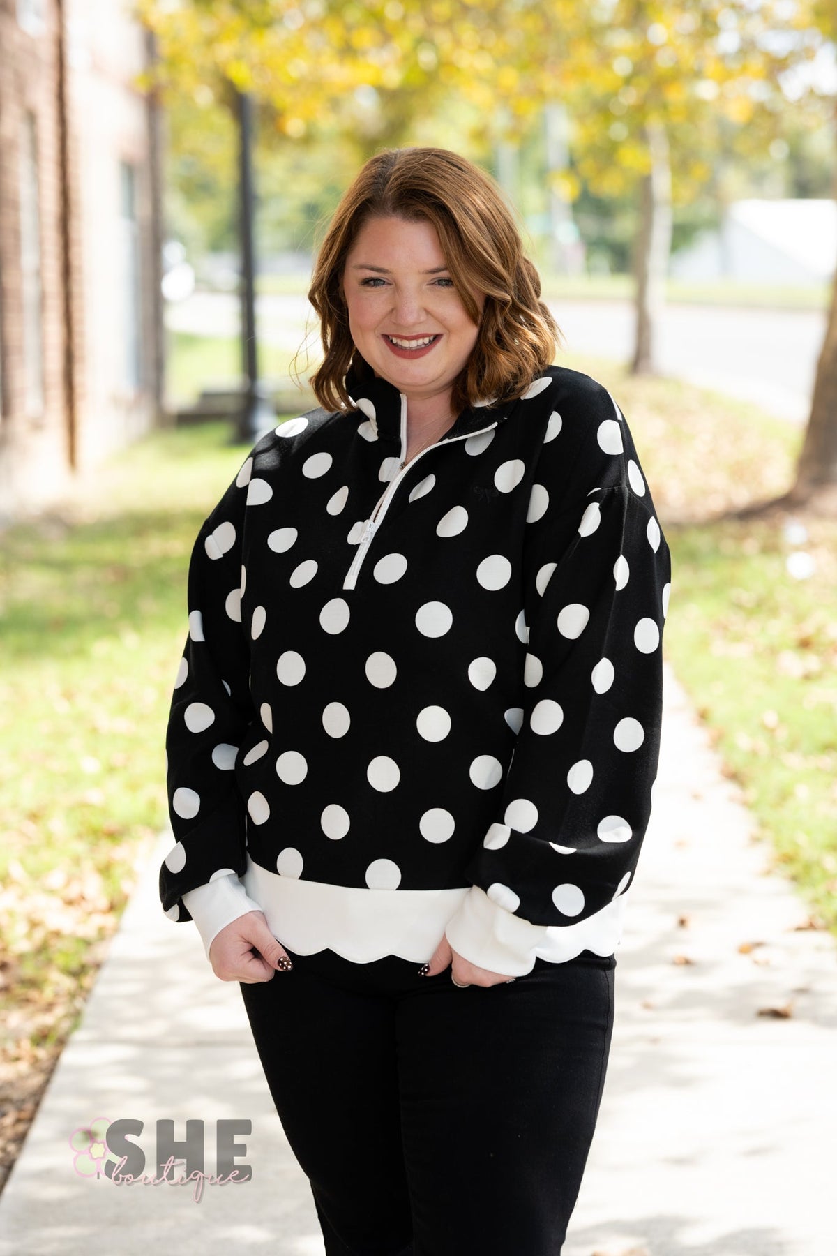 Polka Dot Crew Pullover Black - She Chester