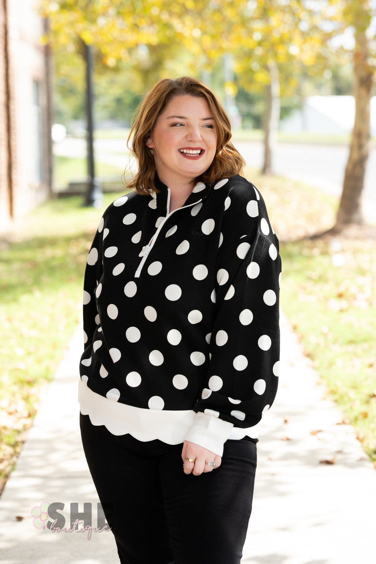 Polka Dot Crew Pullover Black - She Chester