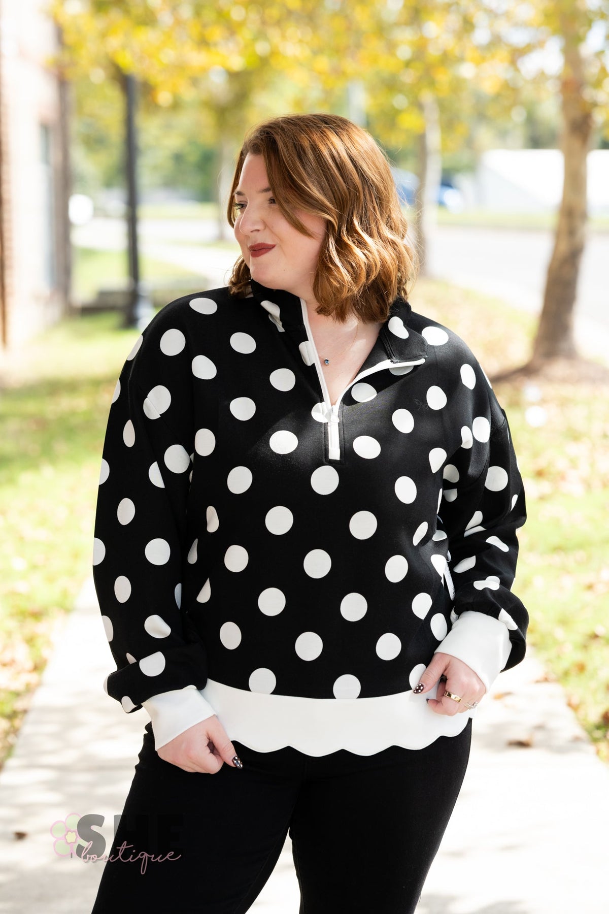 Polka Dot Crew Pullover Black - She Chester