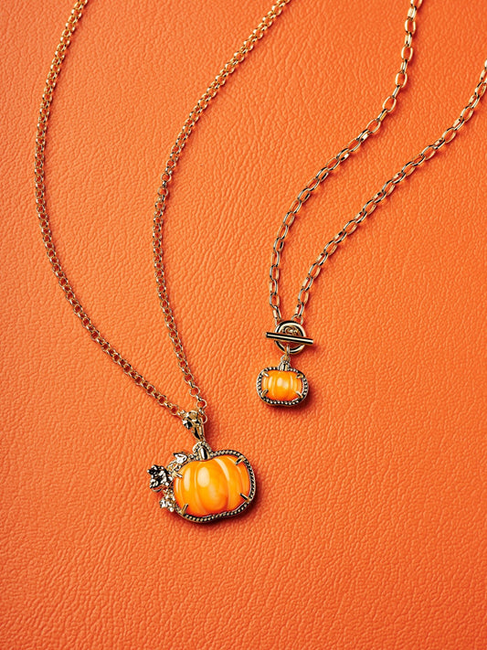 PUMPKIN LINK AND CHAIN NECKLACE GOLD ORANGE MOTHER OF PEARL - She Chester