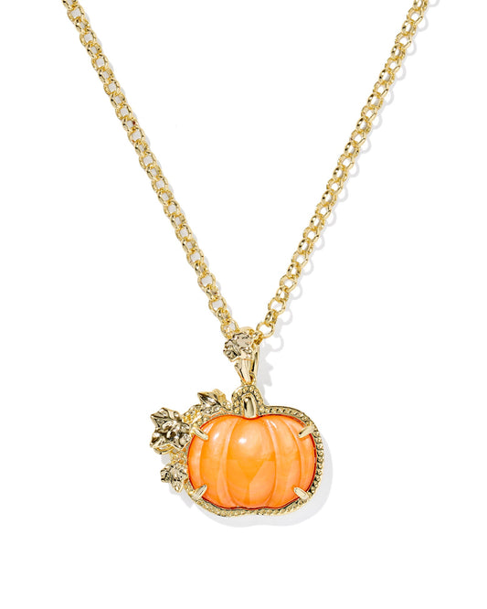 PUMPKIN LONG PENDANT NECKLACE GOLD ORANGE MOTHER OF PEARL - She Chester