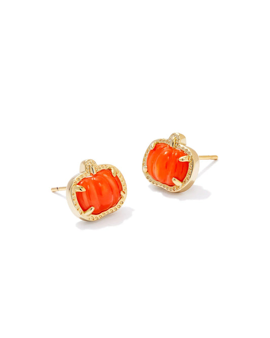PUMPKIN STUD EARRINGS GOLD ORANGE MOTHER OF PEARL - She Chester