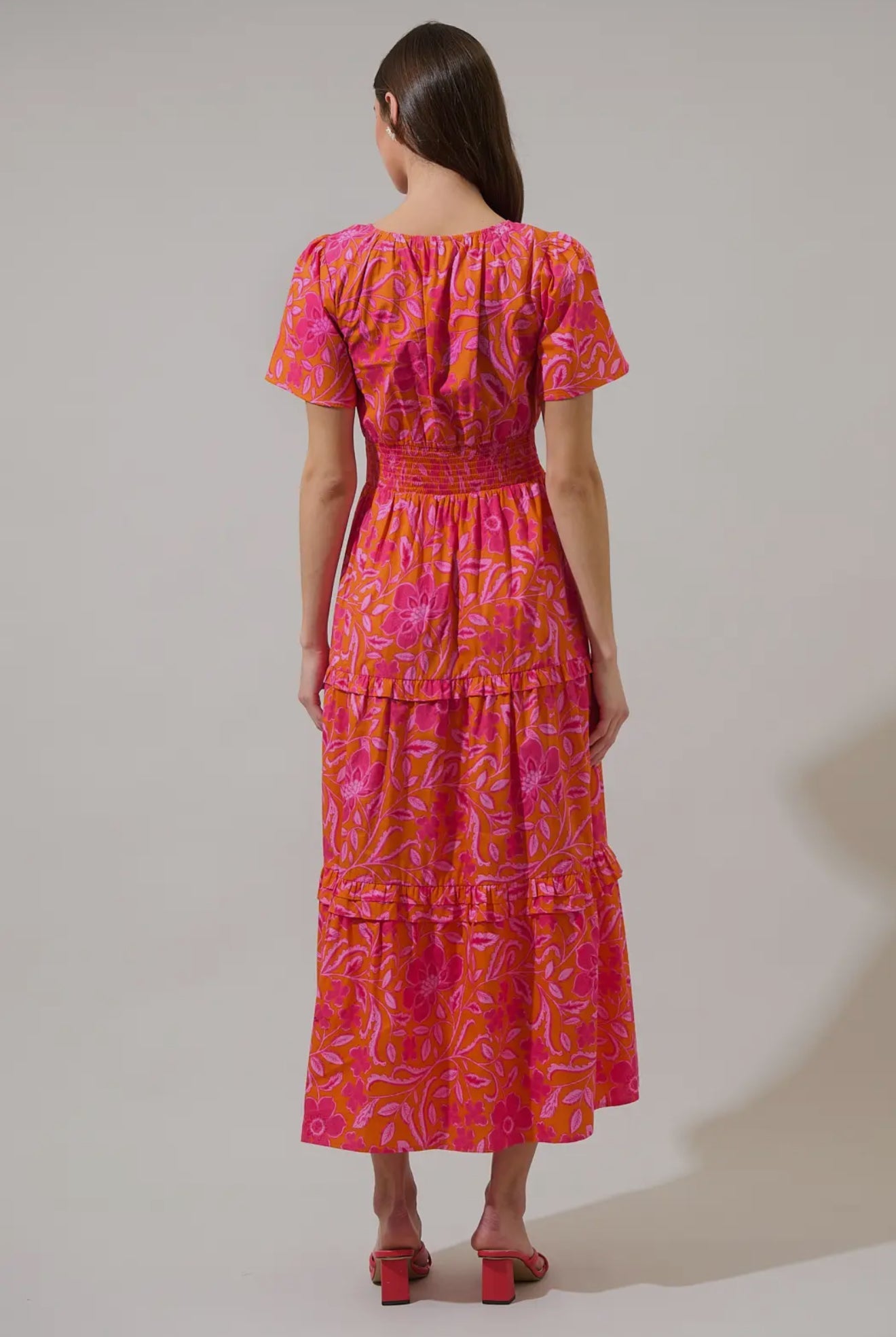 Rea Floral Palmer Poplin Tiered Maxi Dress ORG-FUCHSIA / Xs by Sugarlips