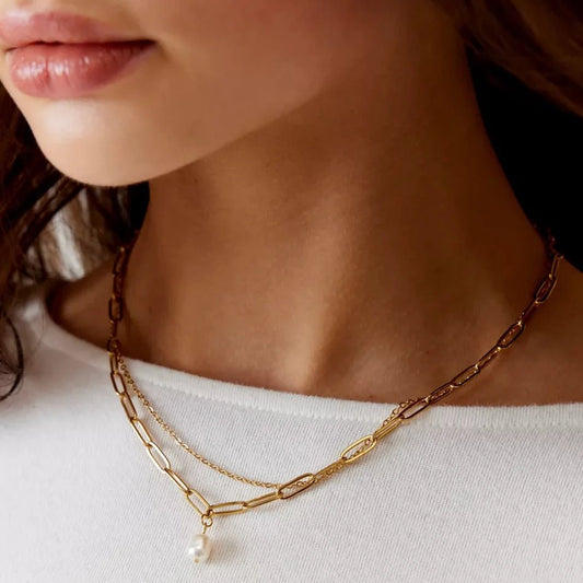 Renee Double Chain Pearl Choker Necklace - Gold 136 - She Chester