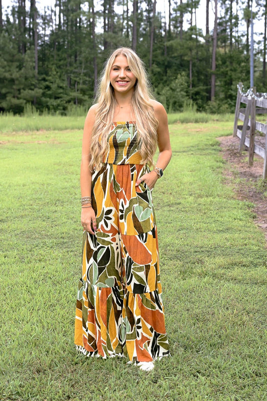 Renia Tropical Eve Strapless Smocked Jumpsuit - She Chester