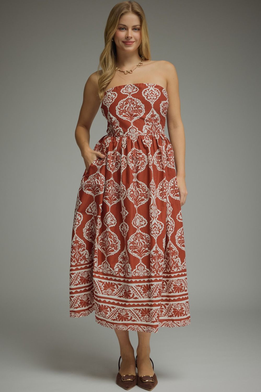 Rennie Rust Toile Strapless Dress - She Chester