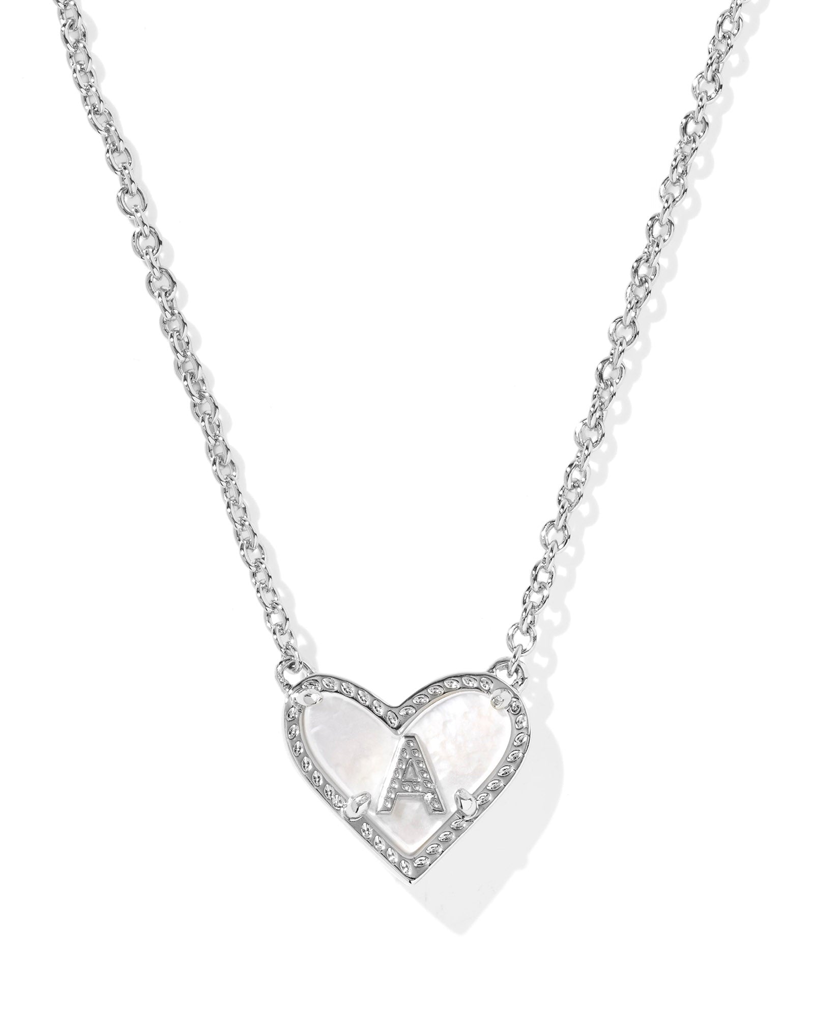 Rhodium Ivory MOP Heart Letter Pendant Necklace - She Chester