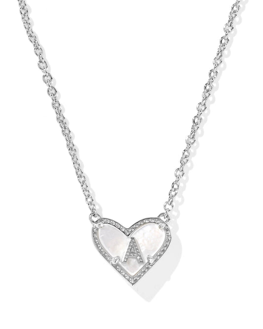 Rhodium Ivory MOP Heart Letter Pendant Necklace - She Chester