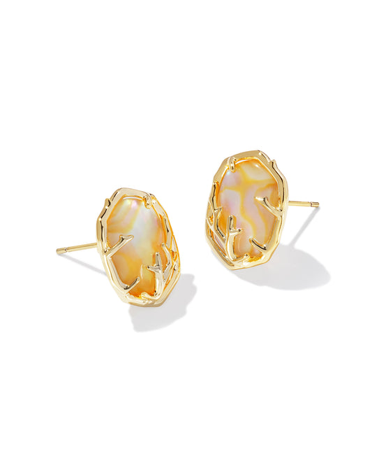 DAPHNE CORAL FRAME STUD EARRINGS IN GOLD IRIDESCENT ABALONE