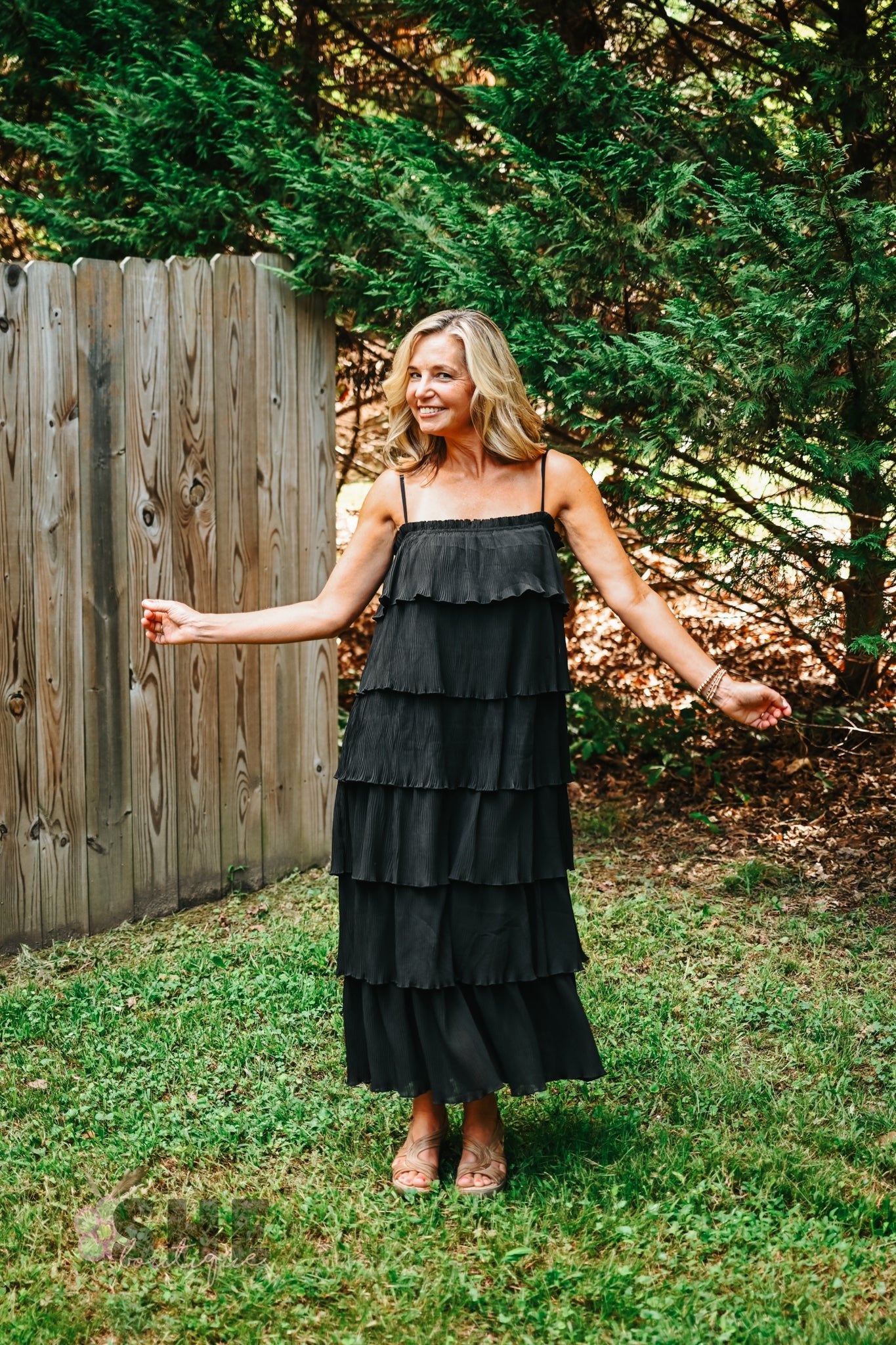 Ruffled Down Black Dress - She Chester