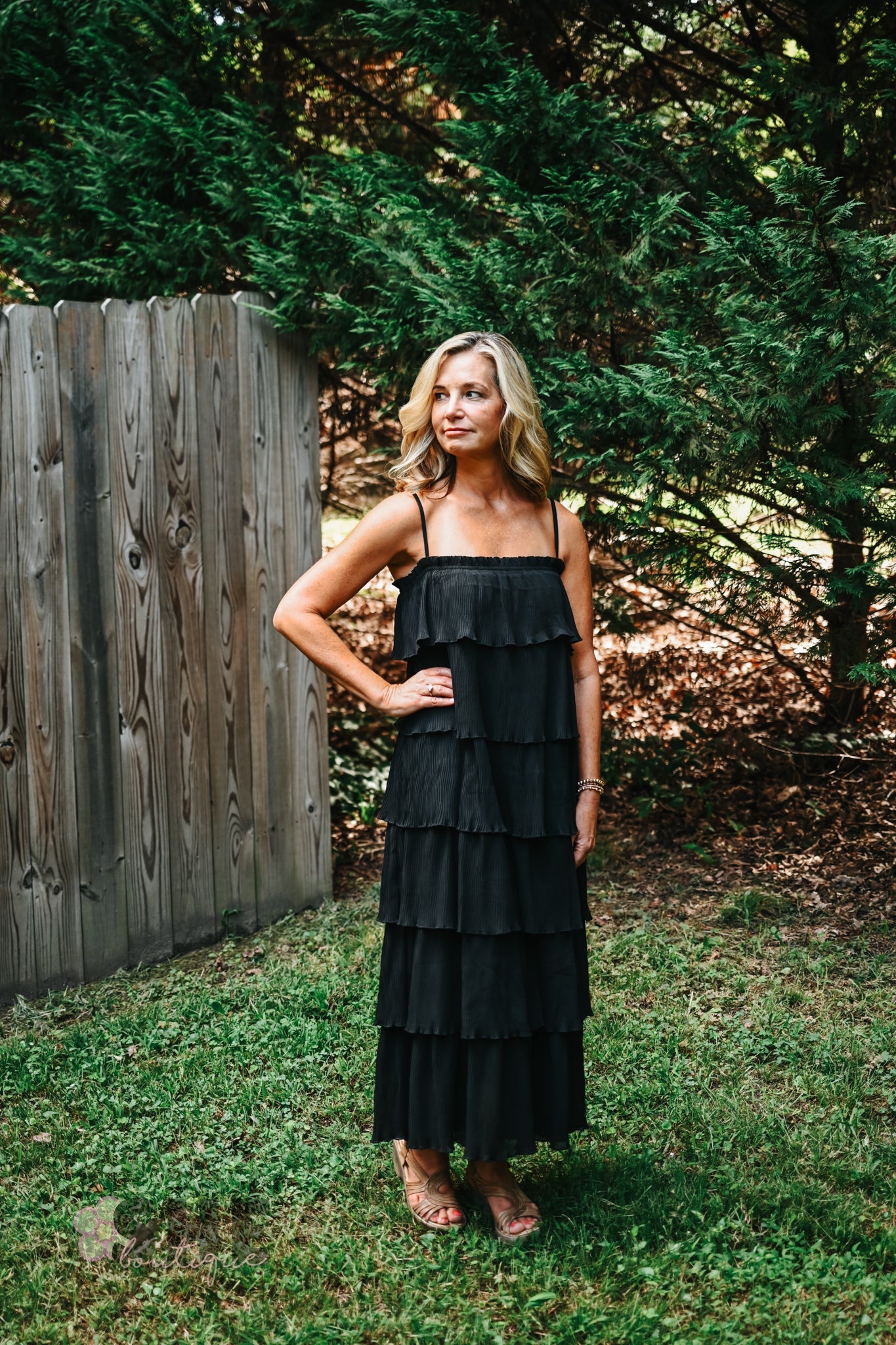 Ruffled Down Black Dress - She Chester