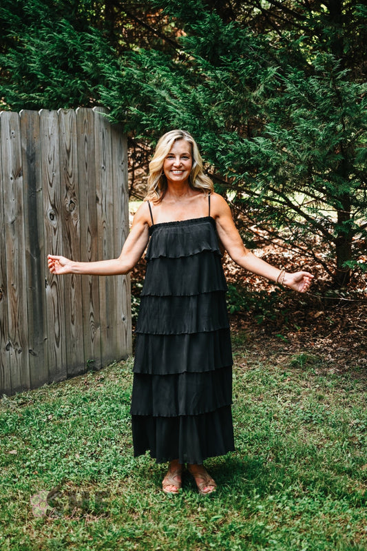 Ruffled Down Black Dress - She Chester