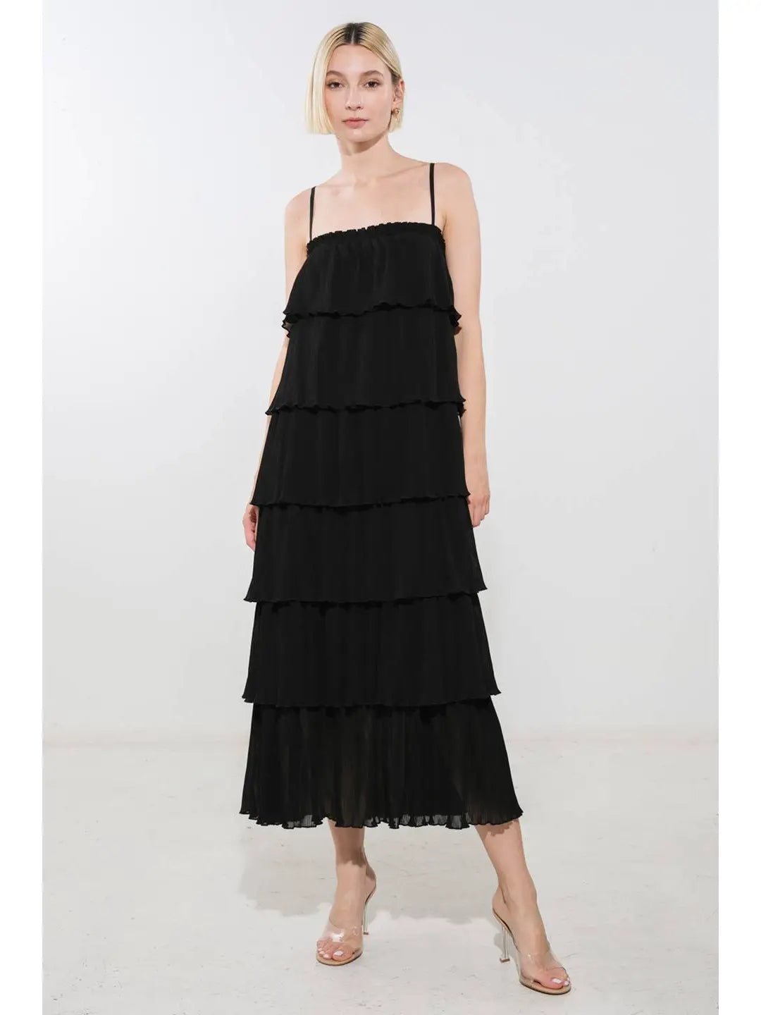 Ruffled Down Black Dress - She Chester