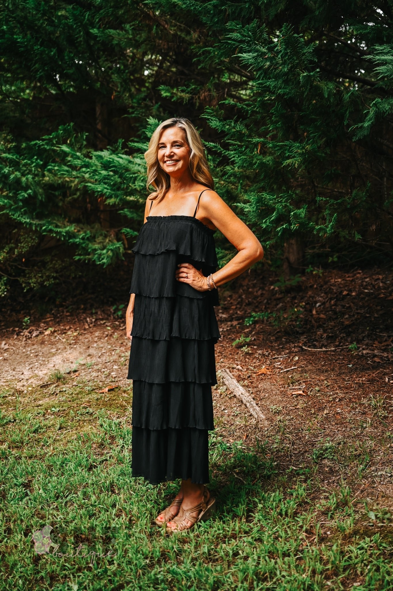 Ruffled Down Black Dress - She Chester