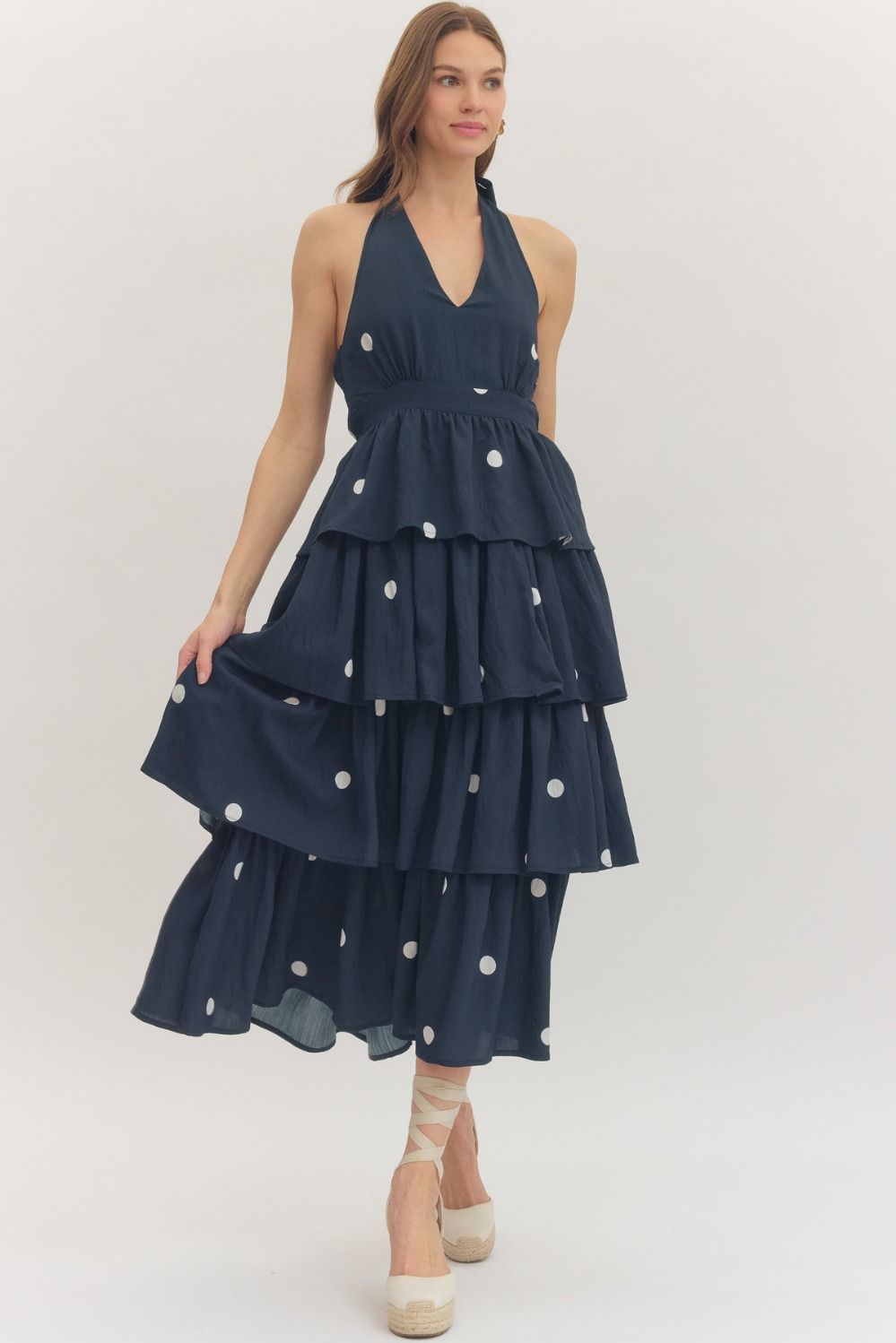 Sable Navy Polka Dot Halter Dress - She Chester