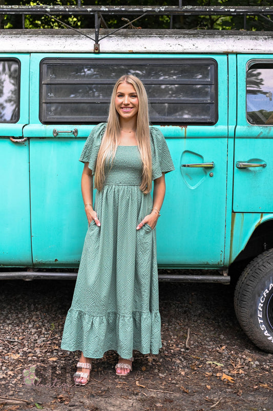 Sage Evergreen Smocked Maxi - She Chester