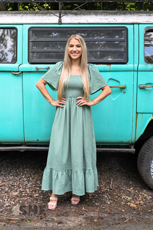 Sage Evergreen Smocked Maxi - She Chester