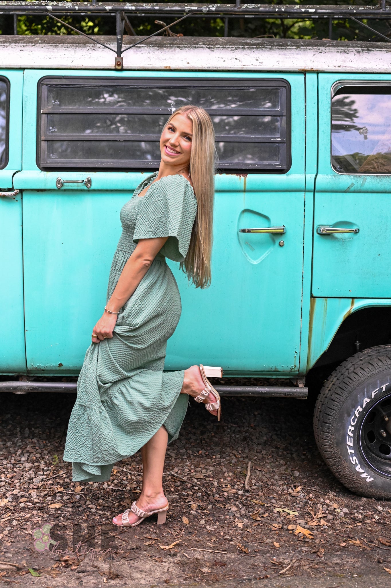 Sage Evergreen Smocked Maxi - She Chester