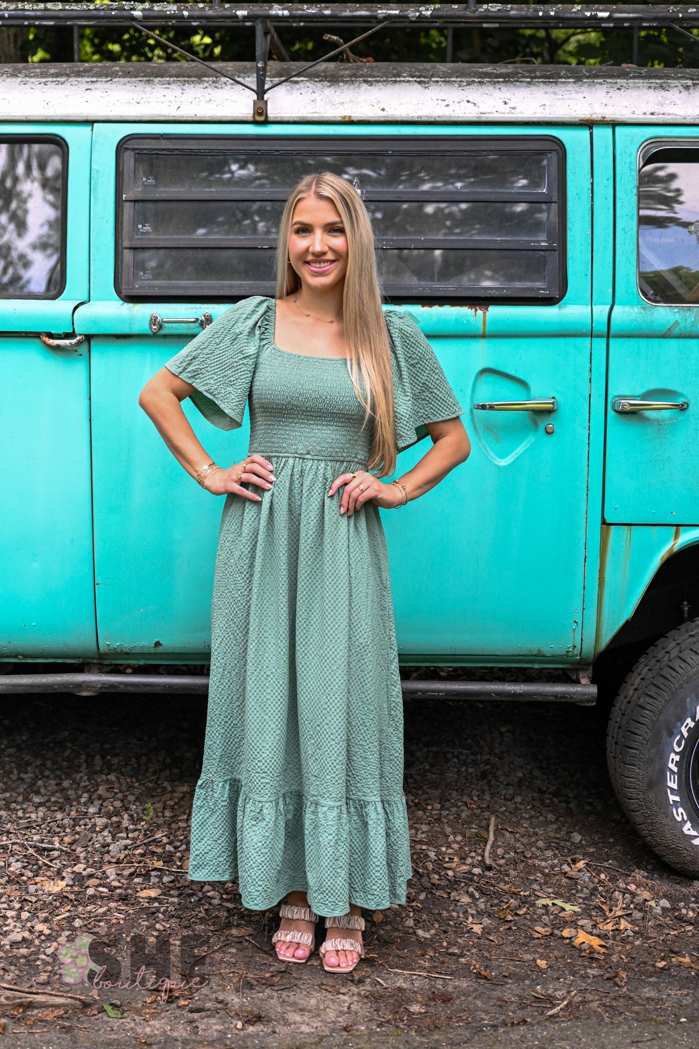 Sage Evergreen Smocked Maxi - She Chester