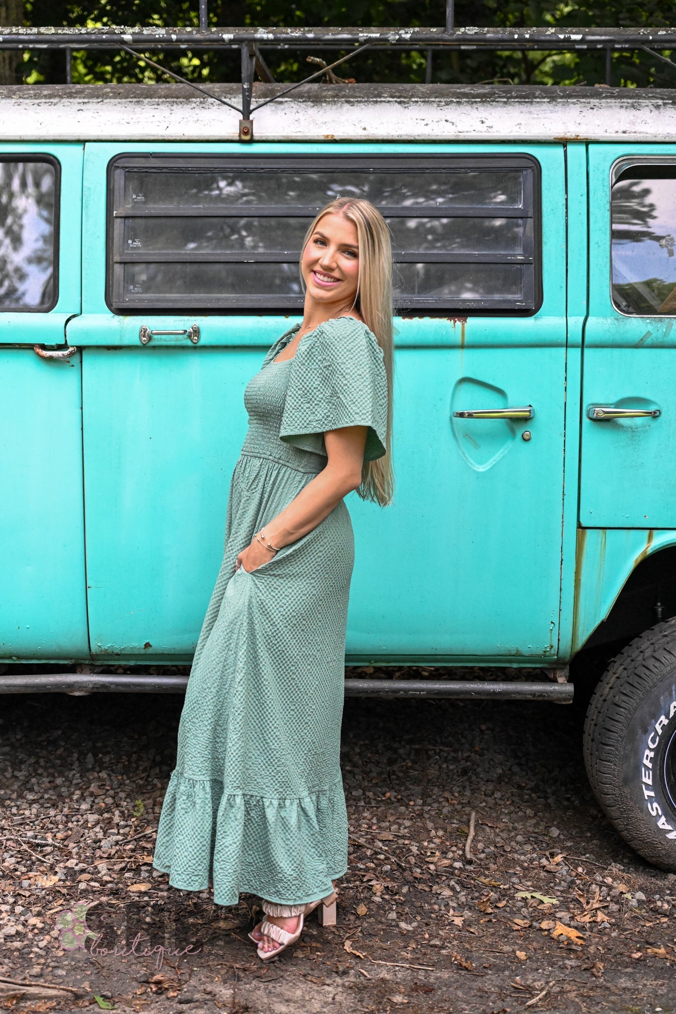 Sage Evergreen Smocked Maxi - She Chester