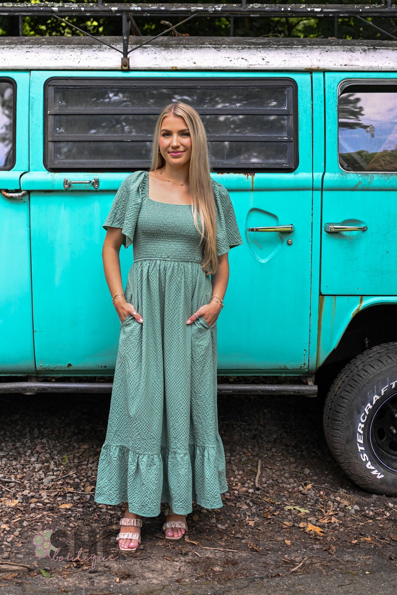 Sage Evergreen Smocked Maxi - She Chester