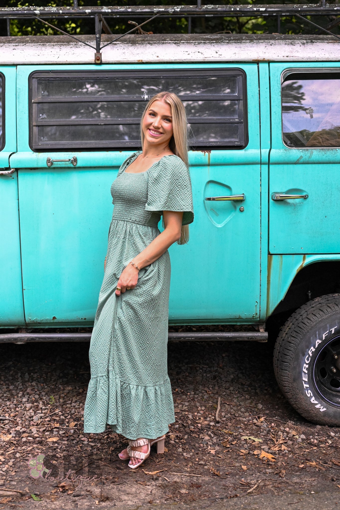 Sage Evergreen Smocked Maxi - She Chester