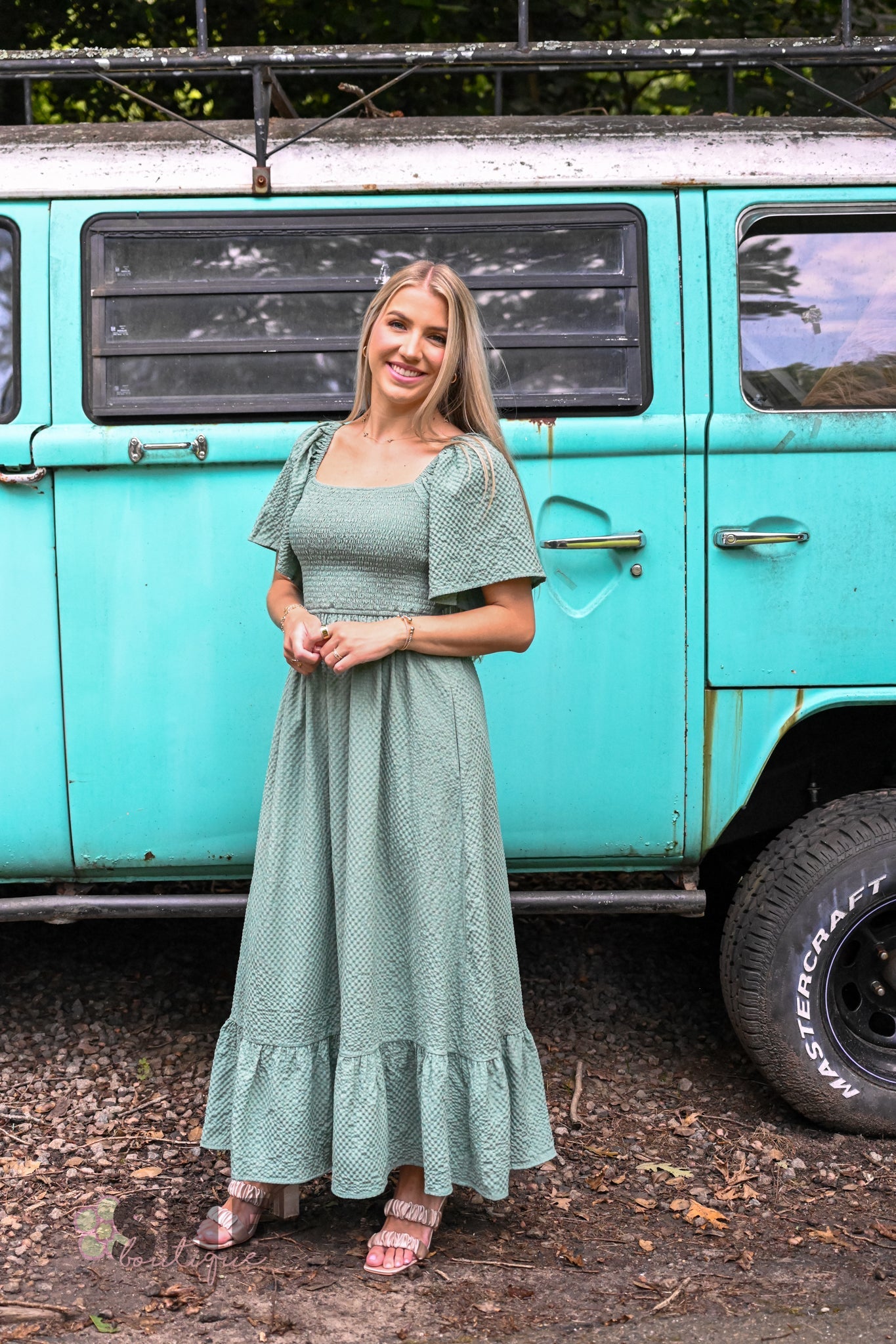 Sage Evergreen Smocked Maxi - She Chester