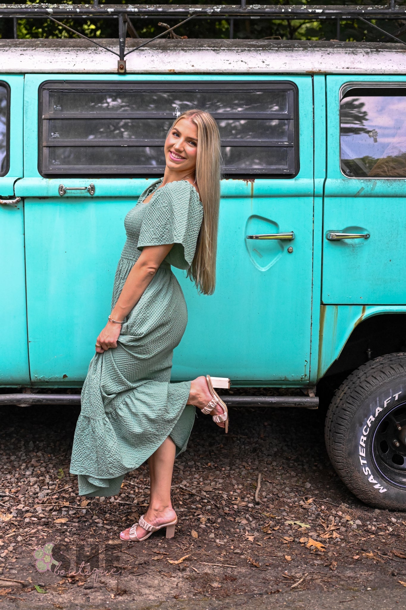 Sage Evergreen Smocked Maxi - She Chester