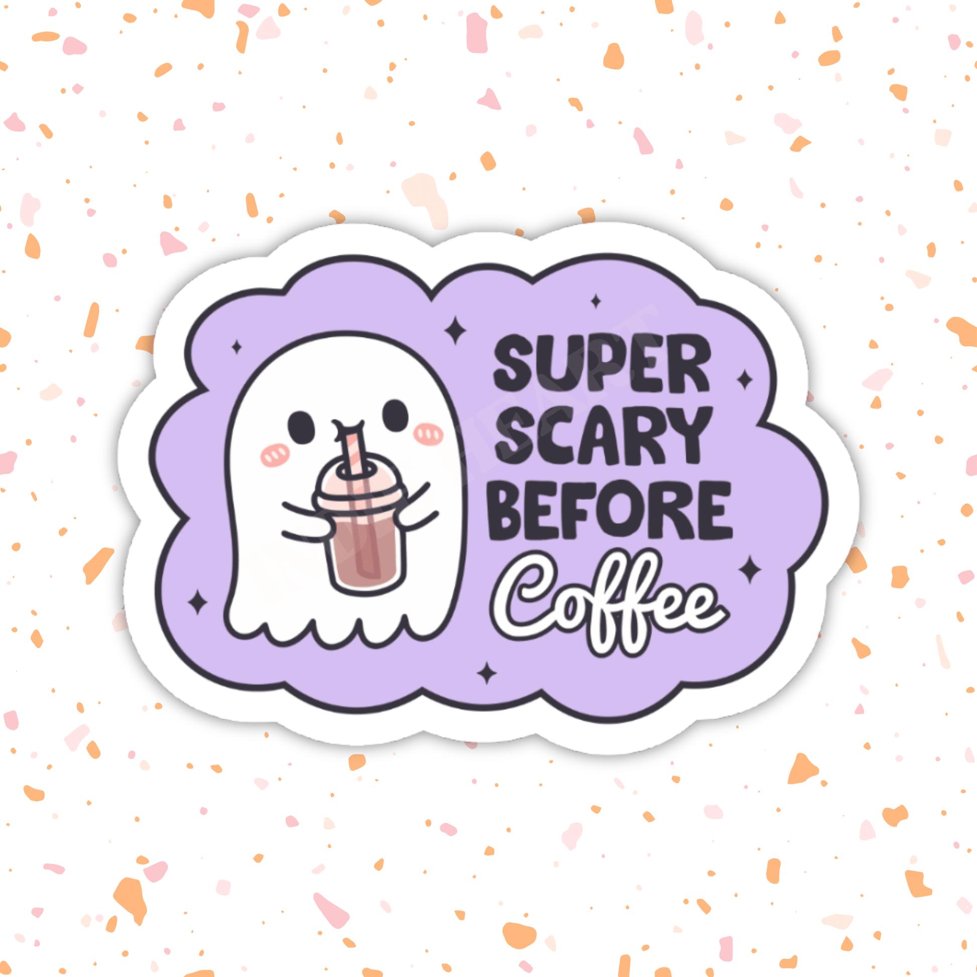 Scary Before Coffee Sticker – Cute Ghost, Glossy Vinyl : 2.5" - She Chester